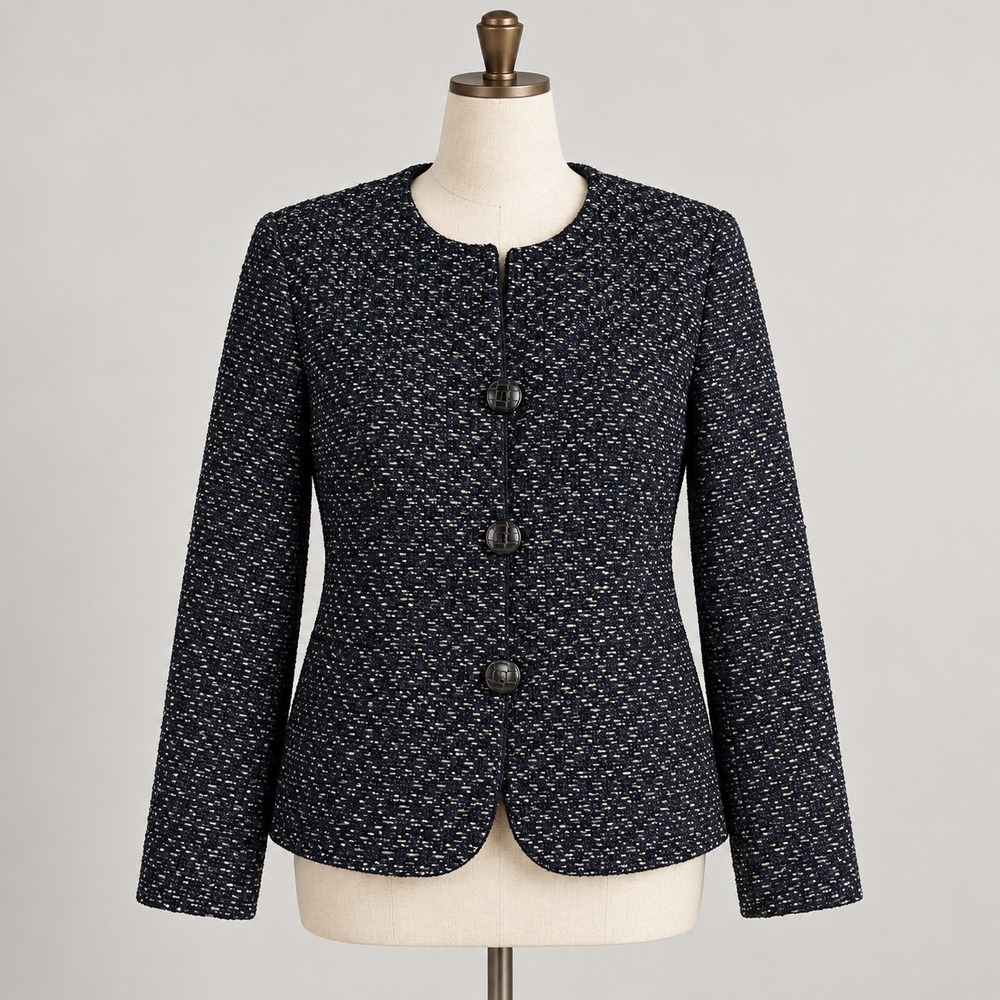 Coldwater Creek Blazer 1X black Bouclé Tweed Collarless Lined Jacket